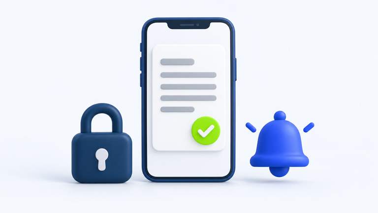 Ilustração de celular, cadeado e aviso de resultado